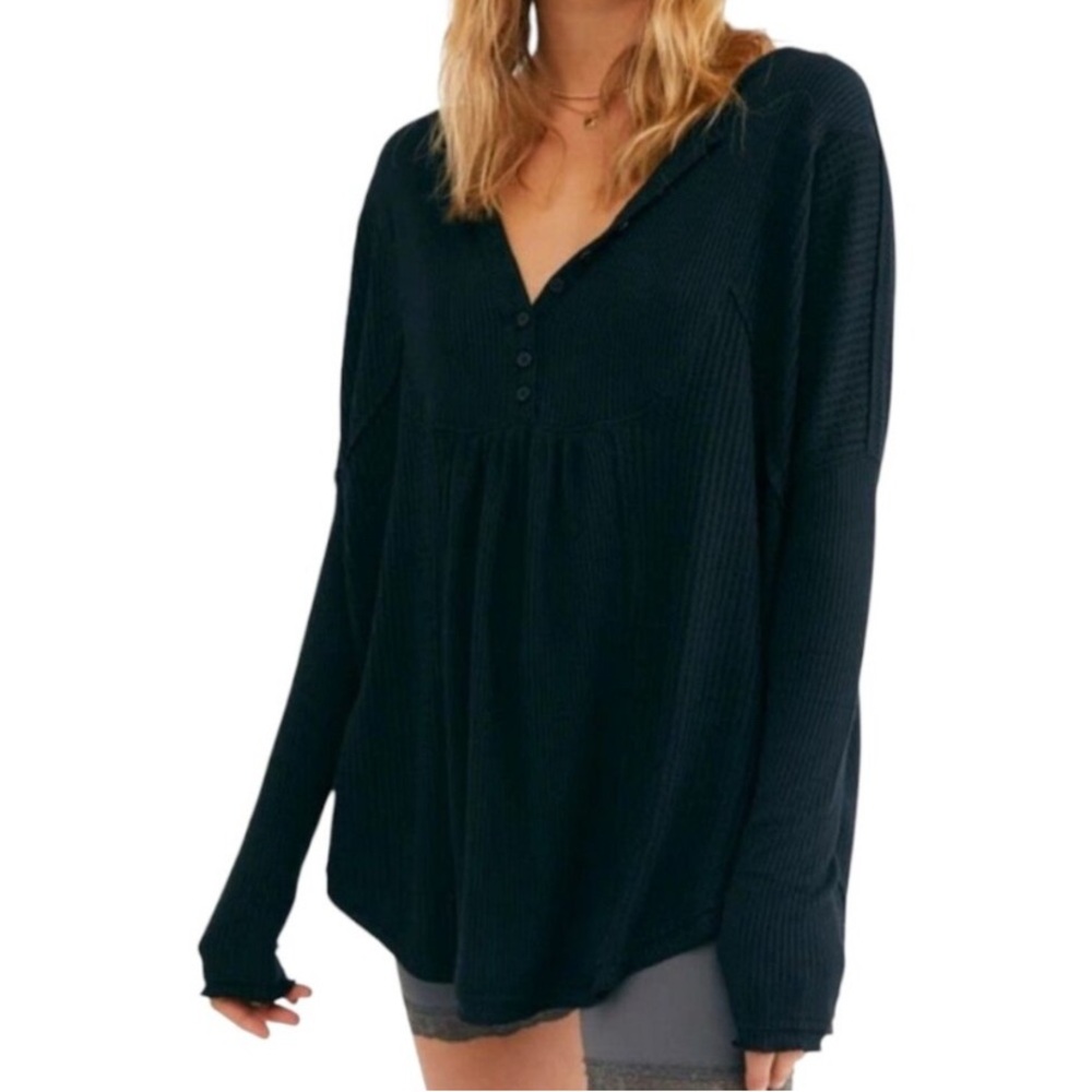 Free People Leo Henley - Black Buttoned Long Sleeve Tunic